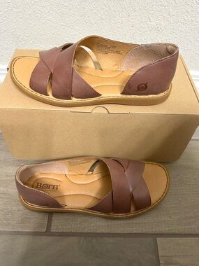 Born Brown Leather Crossover Flat Sandals